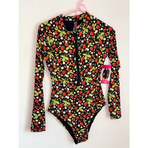 Betsey Johnson Strawberry Print Long Sleeve Zip Front Rash Guard One Piece beach